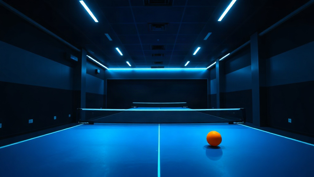 Indoor table tennis club with cyan underglow